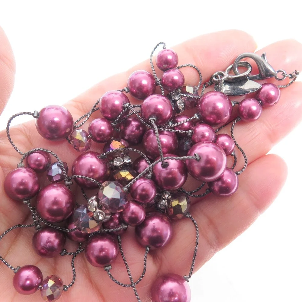Coldwater Creek‎ Plum Purple Faux Pearl and Crystal Long Strand Necklace 36in